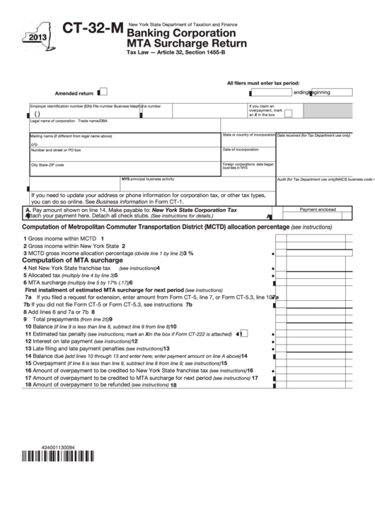 Form Ct-32-M - Banking Corporation Mta Surcharge Return - 2013 Printable pdf
