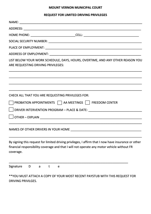Fillable Request For Limited Driving Privileges - Mount Vernon Municipal Court Printable pdf
