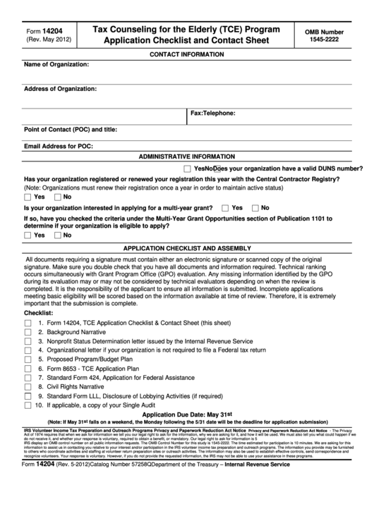 Fillable Form 14204 - Tax Counseling For The Elderly (Tce) Program Application Checklist And Contact Sheet Printable pdf