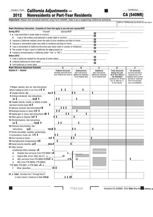 Fillable Schedule Ca (540nr) - California Adjustments - Nonresidents Or Part-Year Residents - 2012 Printable pdf