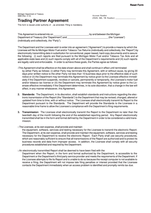 Fillable Form 3999 - Trading Partner Agreement Printable pdf