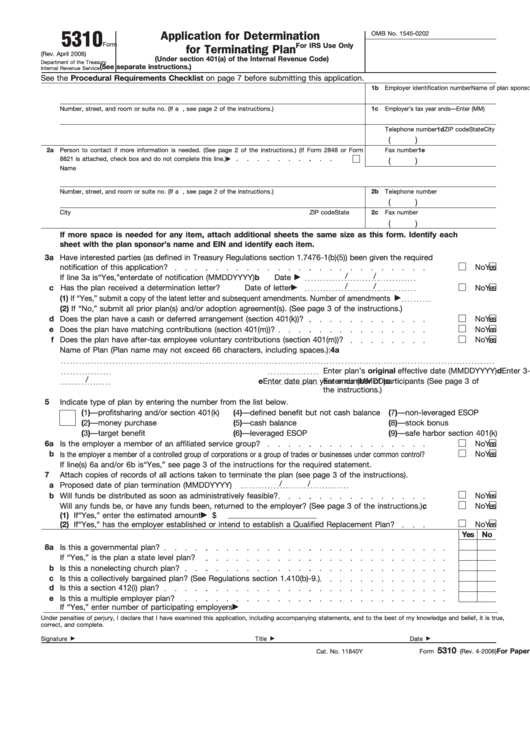 Fillable Form 5310 - Application For Determination For Terminating Plan ...