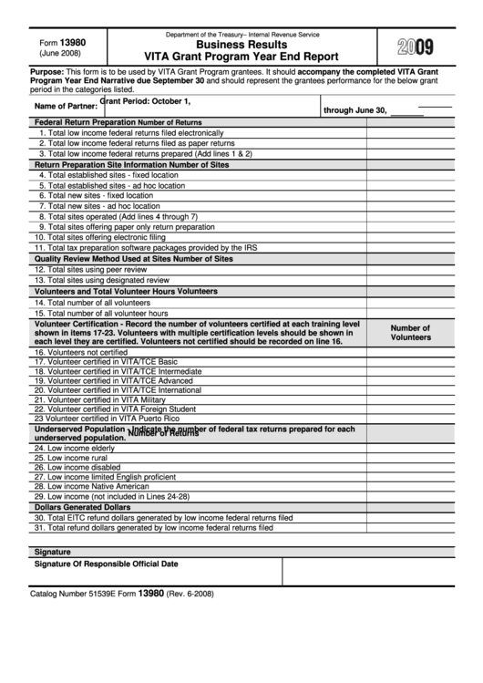 Fillable Form 13980 - Business Results Vita Grant Program Year End Report - 2009 Printable pdf