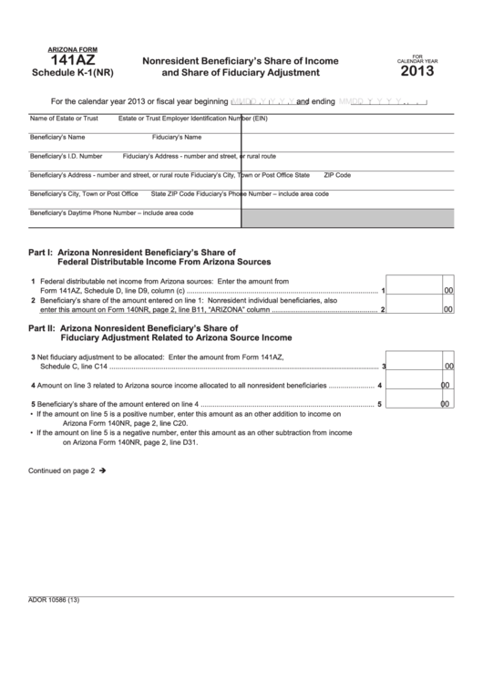 Fillable Arizona Form 141az - Schedule K-1(Nr) - Nonresident Beneficiary