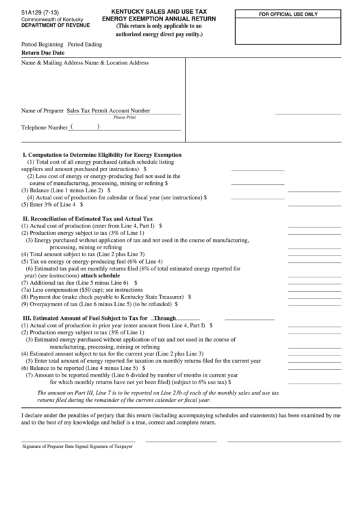 Fillable Form 51a129 - Kentucky Sales And Use Tax - Energy Exemption Annual Return Printable pdf