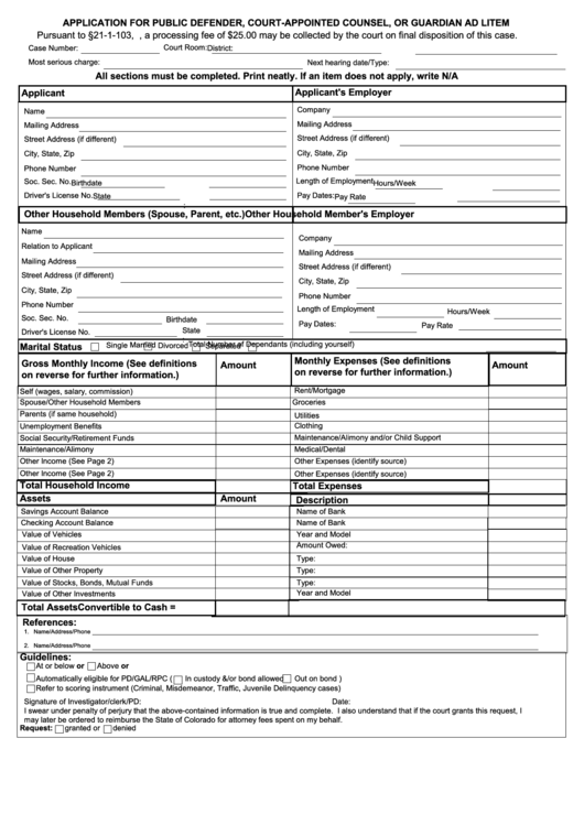 Fillable Application For Public Defender, Court-Appointed Counsel, Or Guardian Ad Litem Printable pdf