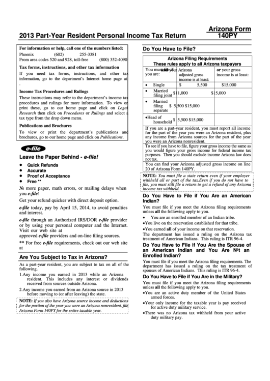 Arizona Form 140py - Part-Year Resident Personal Income Tax Return - 2013 Printable pdf