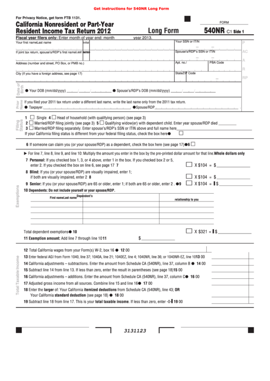 Fillable Form 540nr C1 California Nonresident Or Part Year Resident 