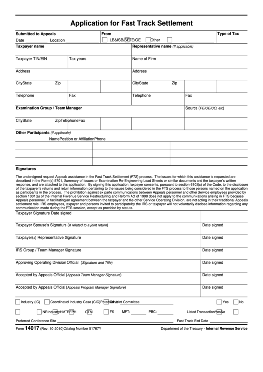 Fillable Form 14017 - Application For Fast Track Settlement Printable pdf