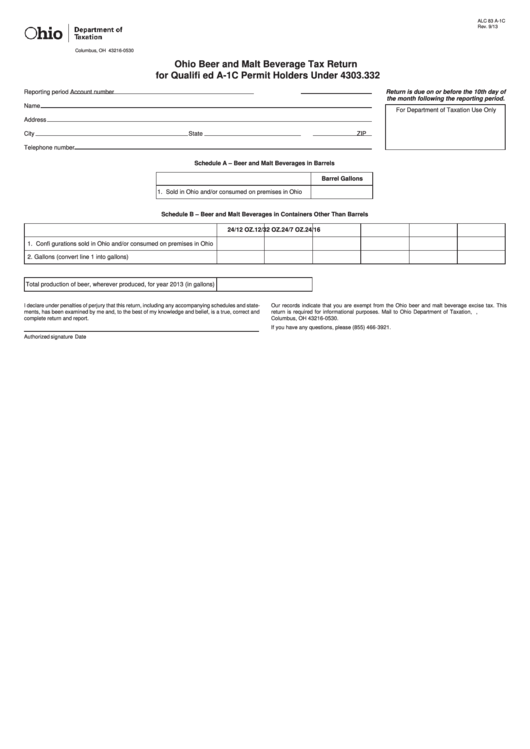 Fillable Form Alc 83 A-1c - Ohio Beer And Malt Beverage Tax Return For Qualifi Ed A-1c Permit Holders Under 4303.332 Printable pdf