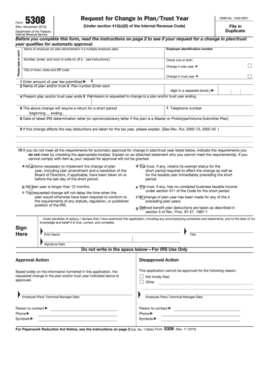 Fillable Form 5308 - Request For Change In Plan/trust Year Printable pdf
