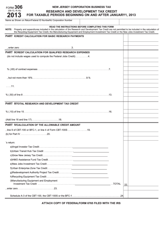 Fillable Form 306 - Research And Development Tax Credit - New Jersey Corporation Business Tax - 2013 Printable pdf