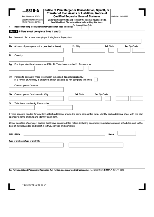 Fillable Form 5310-A - Notice Of Plan Merger Or Consolidation, Spinoff, Or Transfer Of Plan Assets Or Liabilities; Notice Of Qualified Separate Lines Of Business Printable pdf