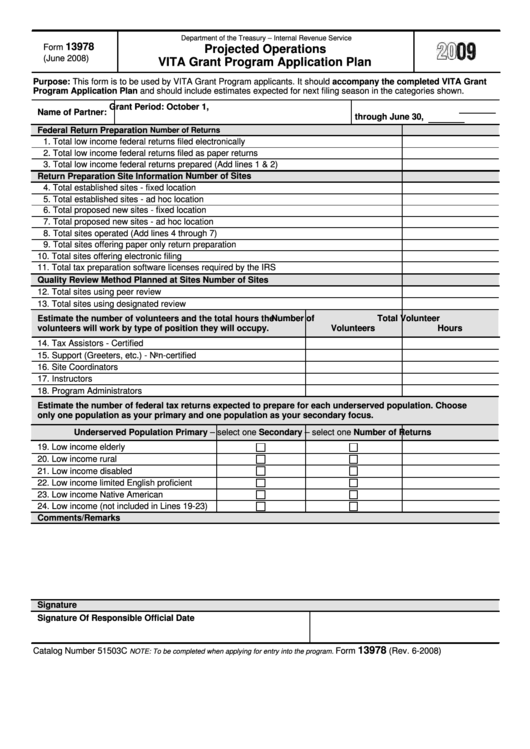 Fillable Form 13978 - Projected Operations Vita Grant Program Application Plan - 2009 Printable pdf