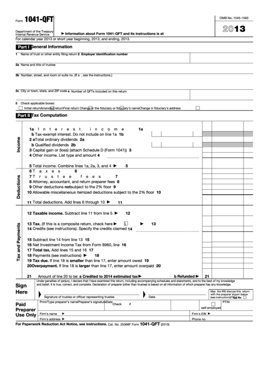 Fillable Form 1041-Qft - U.s. Income Tax Return For Qualified Funeral Trusts - Department Of Treasury - 2013 Printable pdf