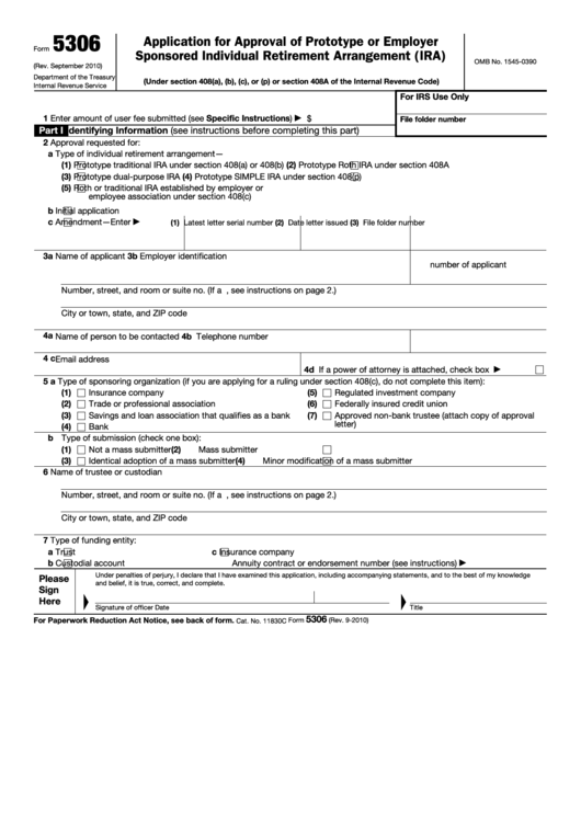Fillable Form 5306 - Application For Approval Of Prototype Or Employer ...