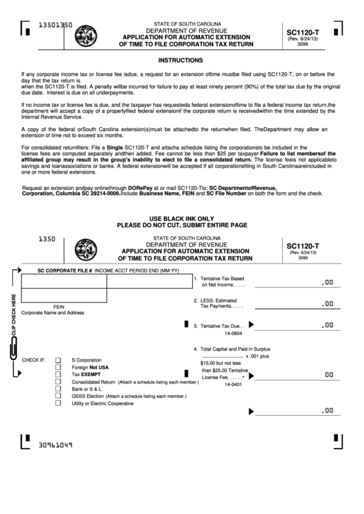 Form Sc1120-T - South Carolina Application For Automatic Extension Of Time To File Corporation Tax Return Printable pdf