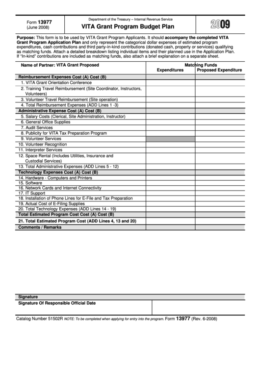 Fillable Form 13977 - Vita Grant Program Budget Plan - 2009 Printable pdf