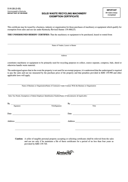 Form 51a128 Solid Waste Recycling Machinery Exemption Certificate