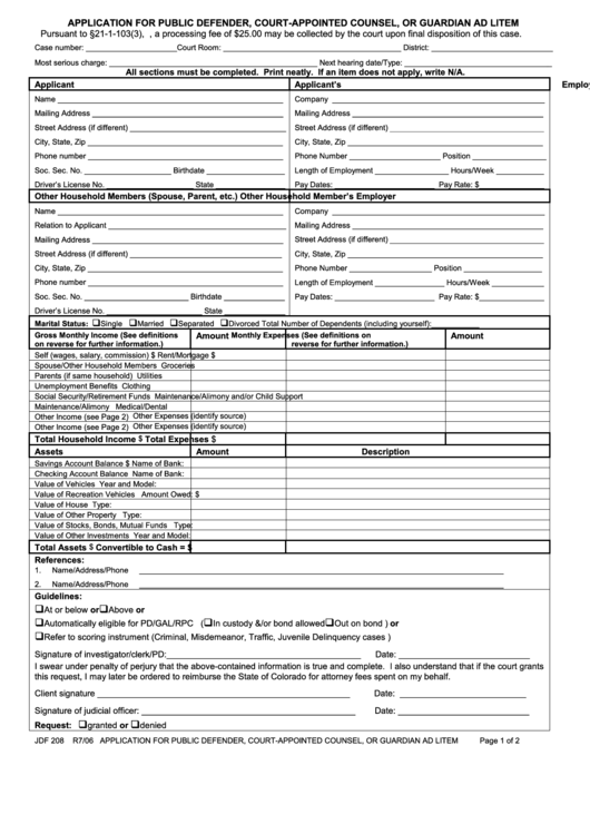 Fillable Form Jdf 208 - Application For Public Defender, Court-Appointed Counsel, Or Guardian Ad Litem Printable pdf