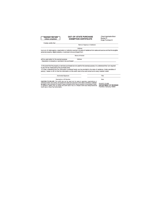 Form 51a127 Out Of State Purchase Exemption Certificate printable pdf