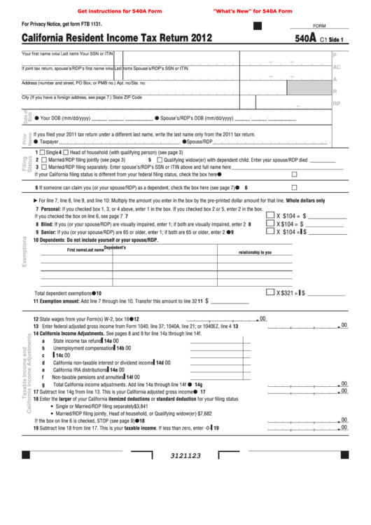 Fillable Form 540a C1 - California Resident Income Tax Return - 2012 Printable pdf