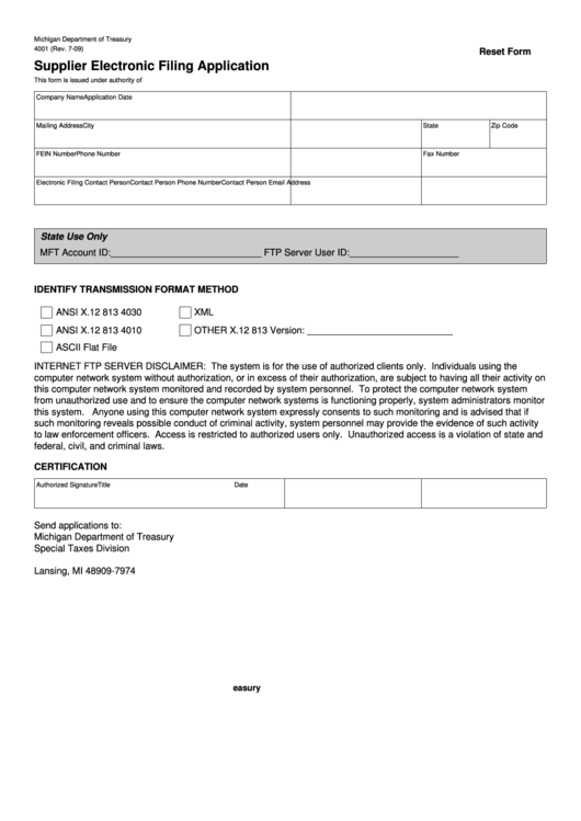 Fillable Form 4001 - Supplier Electronic Filing Application Printable pdf