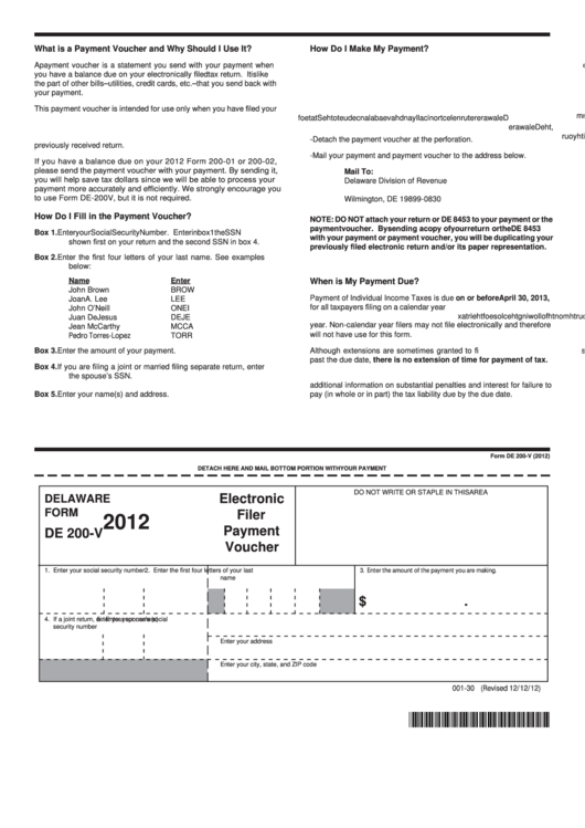 Fillable Delaware Form De 200-V - Electronic Filer Payment Voucher - 2012 Printable pdf