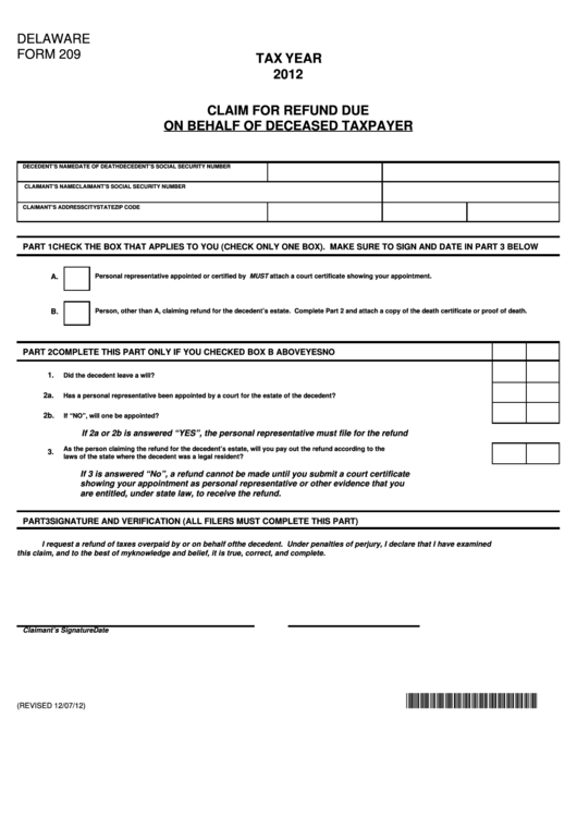 Fillable Delaware Form 209 - Claim For Refund Due On Behalf Of Deceased Taxpayer - 2012 Printable pdf