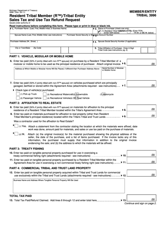 Fillable Form 3996 - Resident Tribal Member (Rtm)/tribal Entity Sales Tax And Use Tax Refund Request Printable pdf
