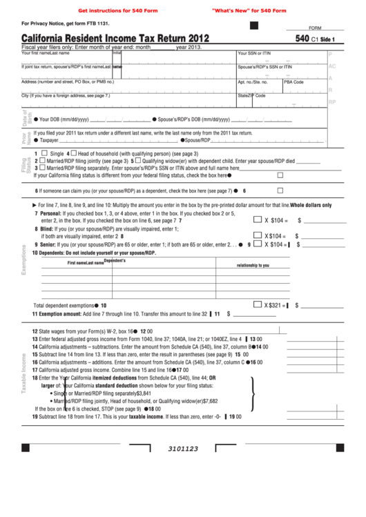 Fillable Form 540 C1 - California Resident Income Tax Return - 2012 printable pdf download