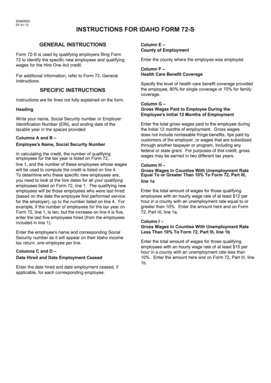 Instructions For Idaho Form 72-S Printable pdf
