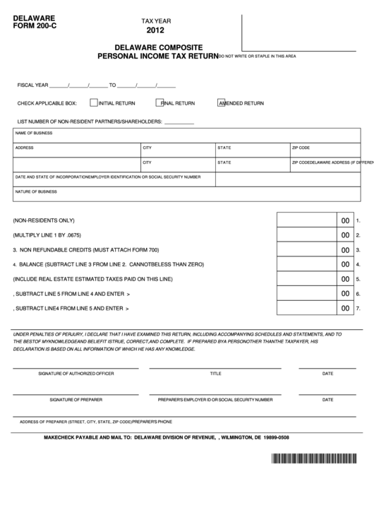 Fillable Delaware Form 200-C - Delaware Composite Personal Income Tax Return - 2012 Printable pdf