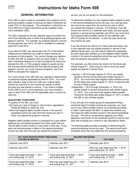 Instructions For Idaho Form 49e Printable pdf