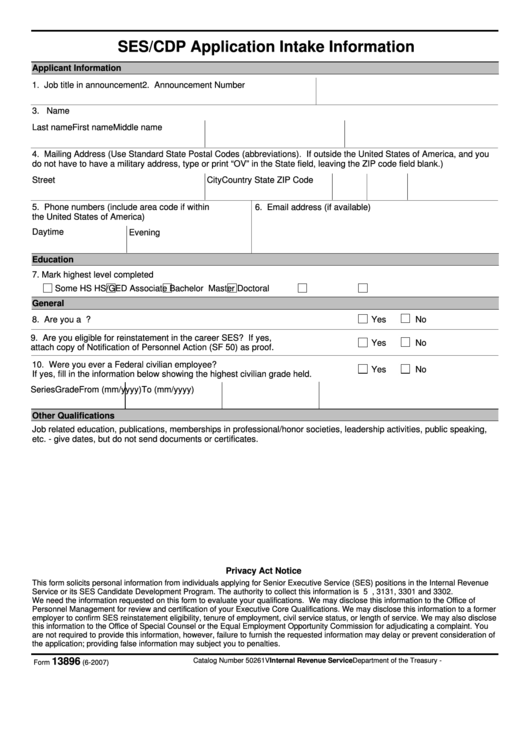 Fillable Form 13896 - Ses/cdp Application Intake Information Printable pdf