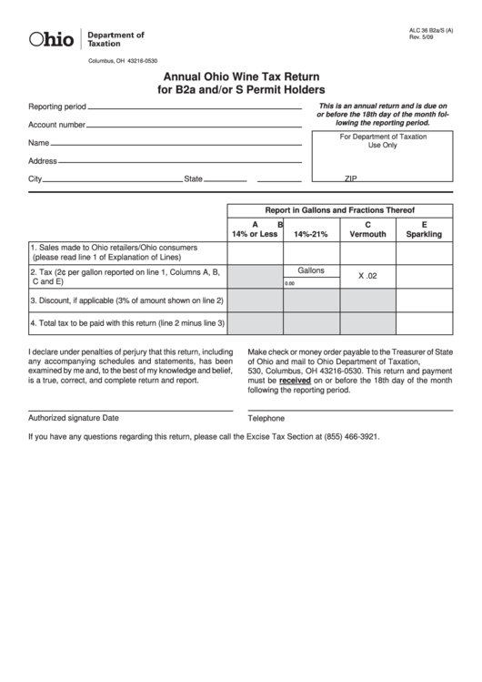 Fillable Form Alc 36 B2a/s (A) - Annual Ohio Wine Tax Return For B2a And/or S Permit Holders Printable pdf