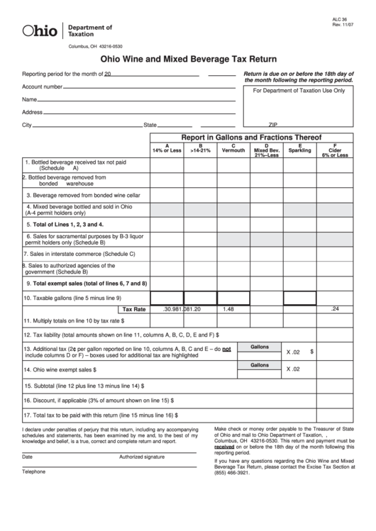 Fillable Form Alc 36 - Ohio Wine And Mixed Beverage Tax Return Printable pdf