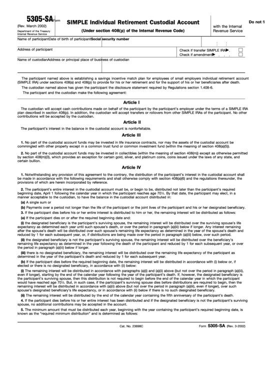 Fillable Form 5305-Sa - Simple Individual Retirement Custodial Account Printable pdf