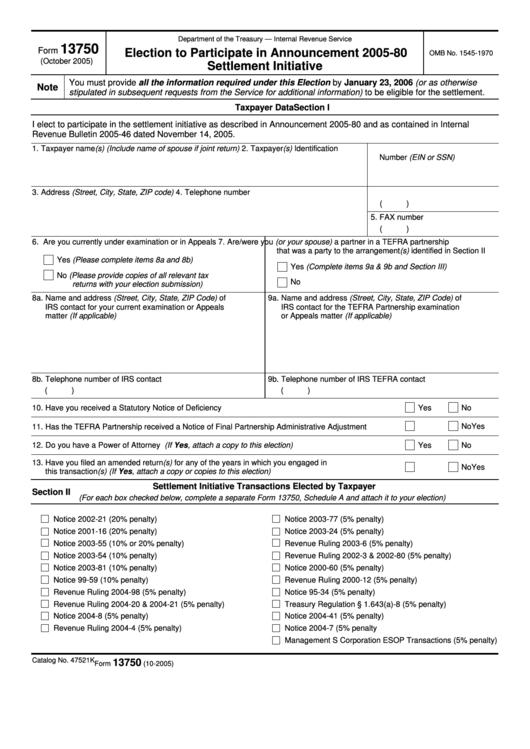 Fillable Form 13750 - Election To Participate In Announcement 2005-80 Settlement Initiative Printable pdf
