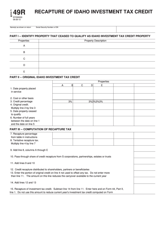 Fillable Form 49r - Recapture Of Idaho Investment Tax Credit Printable pdf