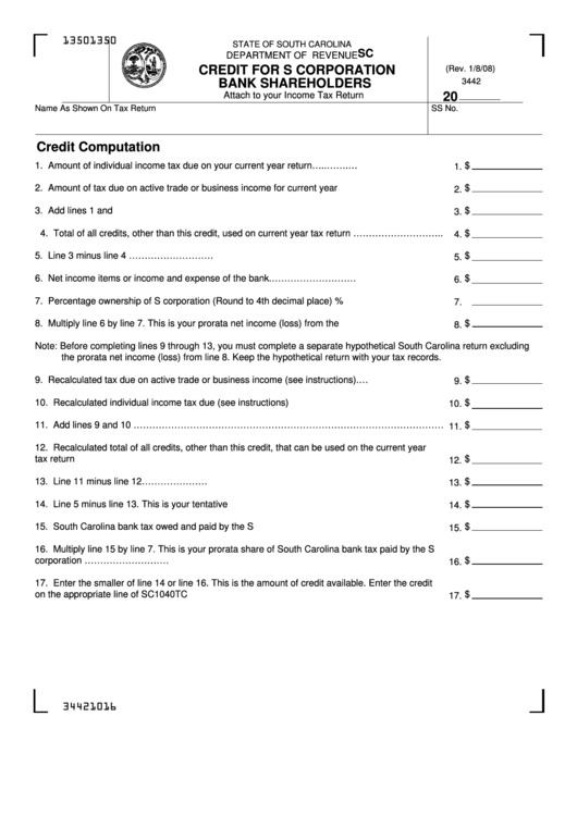 Form Sc Sch.tc-46 - South Carolina Credit For S Corporation Bank Shareholders Printable pdf