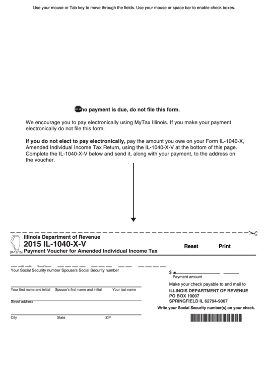 Fillable Form Il-1040-X-V - Illinois Payment Voucher For Amended Individual Income Tax - 2015 Printable pdf