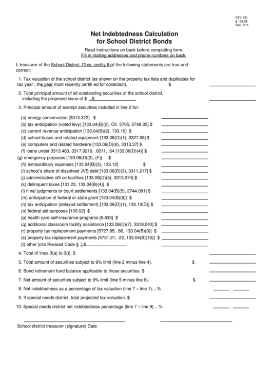 Fillable Form Dte 131 - Net Indebtedness Calculation For School District Bonds Printable pdf