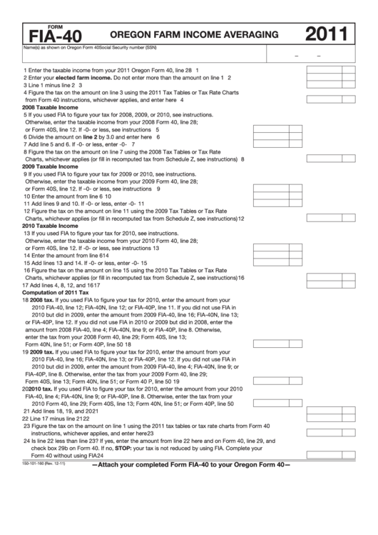 Fillable Form Fia-40 - Oregon Farm Income Averaging - 2011 Printable pdf