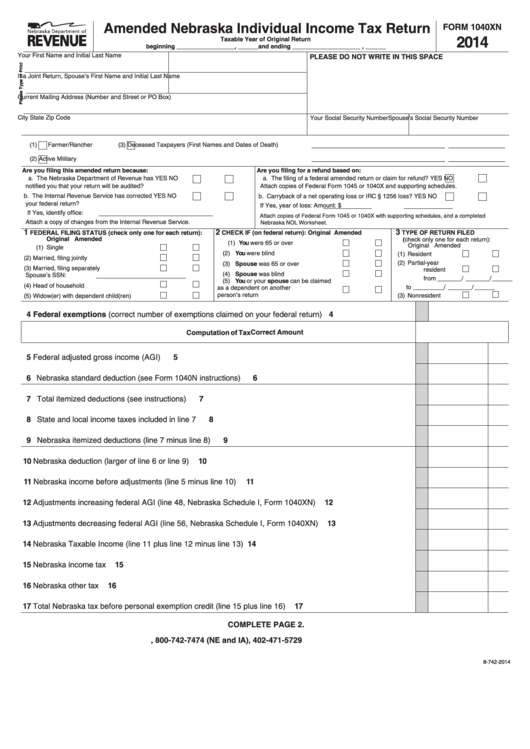 Fillable Form 1040xn - Amended Nebraska Individual Income Tax Return - 2014 Printable pdf