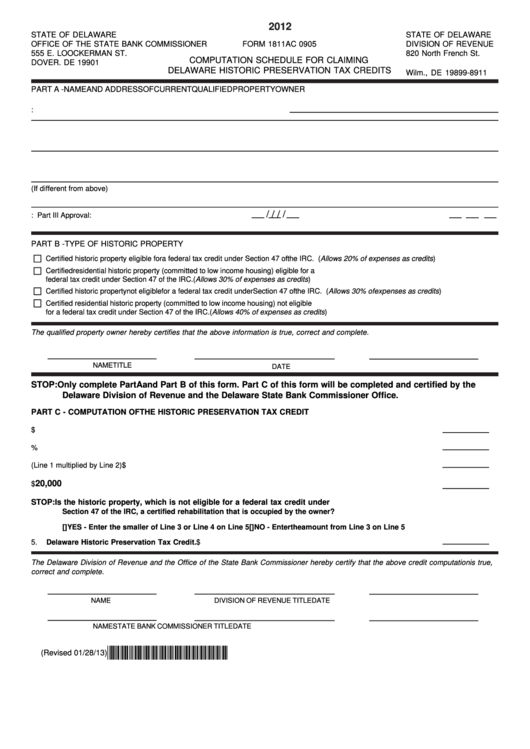 Fillable Form 1811ac 0905 - Computation Schedule For Claiming Delaware Historic Preservation Tax Credits - 2012 Printable pdf