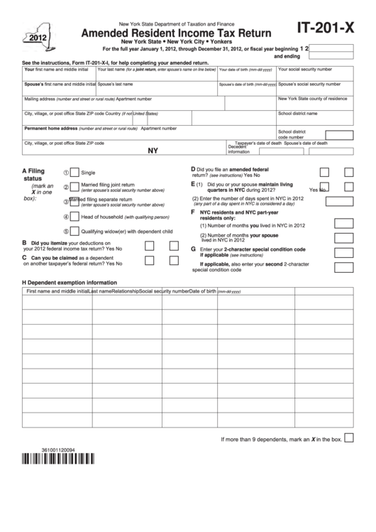Fillable Form It-201-X - New York Amended Resident Income Tax Return - 2012 Printable pdf