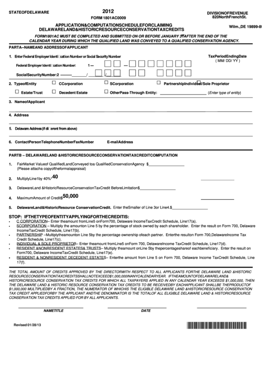 Fillable Form 1801ac0009 - Application&computationscheduleforclaiming Delawareland&historicresourceconservationtaxcredits - 2012 Printable pdf