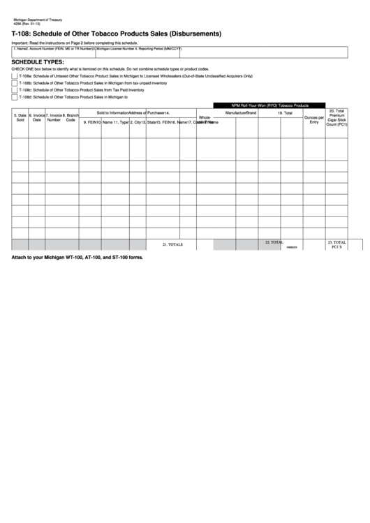 Form 4256 - T-108 Schedule Of Other Tobacco Products Sales (Disbursements) Printable pdf