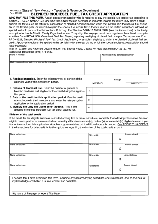 Fillable Form Rpd-41322 - Blended Biodiesel Fuel Tax Credit Application Printable pdf
